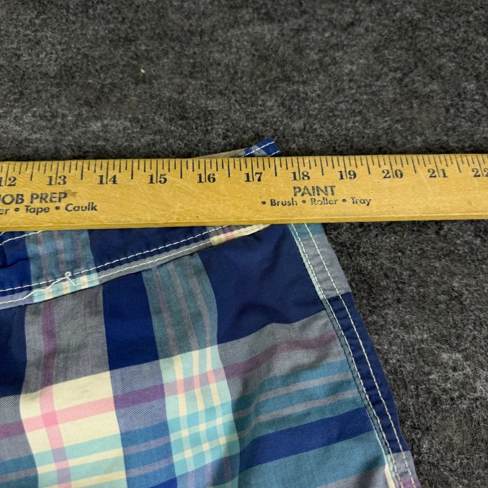 Hollister Mens Plaid Cargo Board Shorts Blue Pink Large Swim Trunks Drawstring